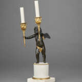 A PAIR OF DIRECTOIRE ORMOLU, PATINATED-BRONZE AND WHITE MARBLE TWO-LIGHT CANDELABRA - фото 4