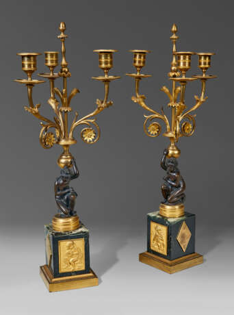 A PAIR OF NORTH EUROPEAN ORMOLU, PATINATED-BRONZE AND MARBLE THREE-LIGHT CANDELABRA - фото 1