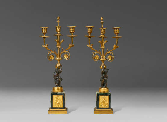 A PAIR OF NORTH EUROPEAN ORMOLU, PATINATED-BRONZE AND MARBLE THREE-LIGHT CANDELABRA - photo 2