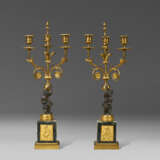 A PAIR OF NORTH EUROPEAN ORMOLU, PATINATED-BRONZE AND MARBLE THREE-LIGHT CANDELABRA - фото 2