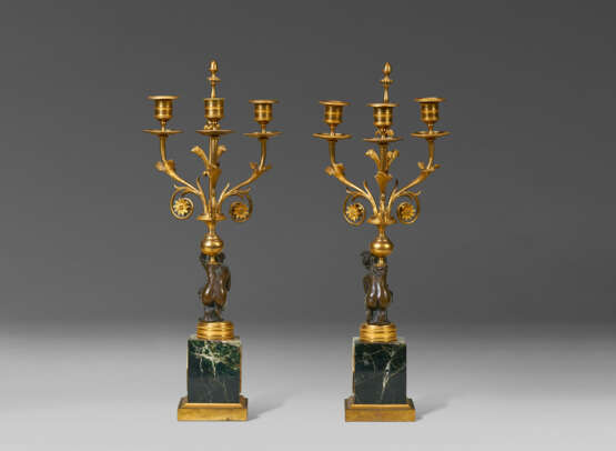 A PAIR OF NORTH EUROPEAN ORMOLU, PATINATED-BRONZE AND MARBLE THREE-LIGHT CANDELABRA - фото 4