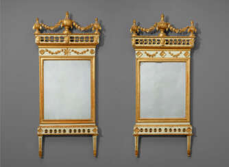 A NEAR PAIR OF NORTH ITALIAN PARCEL-GILT AND BLUE-PAINTED MIRRORS