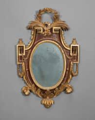 AN ITALIAN BROWN-PAINTED AND PARCEL-GILT MIRROR