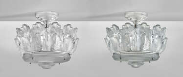 A PAIR OF LALIQUE GLASS 'CHENE' CEILING LIGHTS