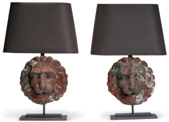 A PAIR OF TERRACOTTA AND BRUSHED-METAL LAMPS