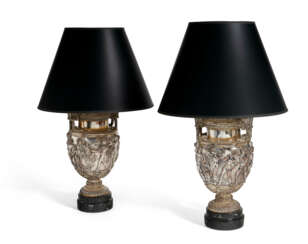 A PAIR OF SILVERED-BRASS AND COPPER VASES, NOW MOUNTED AS LAMPS