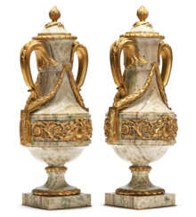 A PAIR OF FRENCH ORMOLU-MOUNTED GREEN MARBLE TWO-HANDLED VASES AND COVERS