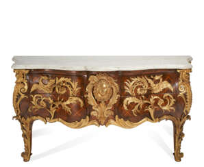 A REGENCE-STYLE ORMOLU-MOUNTED KINGWOOD, TULIPWOOD AND PARQUETRY BOMBE SERPENTINE COMMODE