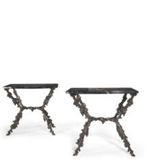 A PAIR OF CAST-IRON MARBLE-TOPPED CONSOLE TABLES