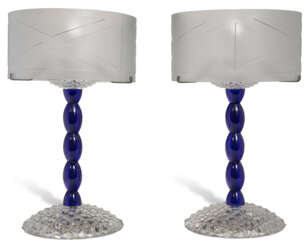 A PAIR OF FRENCH BLUE, ETCHED AND CUT-GLASS TABLE LAMPS