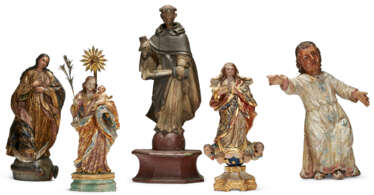 FIVE SPANISH COLONIAL GILT AND POLYCHROME-DECORATED CARVED WOOD RELIGIOUS FIGURES