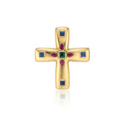 CARTIER SAPPHIRE, RUBY AND EMERALD CROSS PENDANT-BROOCH