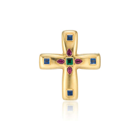 CARTIER SAPPHIRE, RUBY AND EMERALD CROSS PENDANT-BROOCH - фото 1