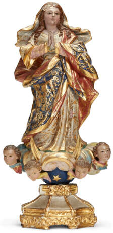FIVE SPANISH COLONIAL GILT AND POLYCHROME-DECORATED CARVED WOOD RELIGIOUS FIGURES - Foto 8