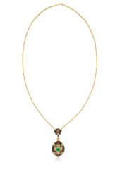 BALESTRA GOLD NECKLACE AND UNSIGNED MULTI-GEM, DIAMOND AND ENAMEL PENDANT
