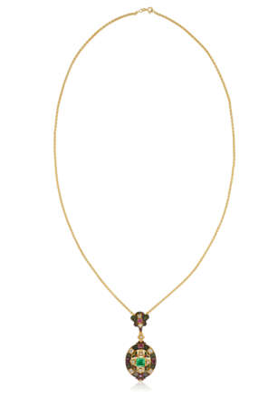 BALESTRA GOLD NECKLACE AND UNSIGNED MULTI-GEM, DIAMOND AND ENAMEL PENDANT - Foto 1