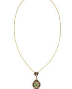 Pearls. BALESTRA GOLD NECKLACE AND UNSIGNED MULTI-GEM, DIAMOND AND ENAMEL PENDANT