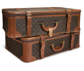 A SET OF TWO VINTAGE MONOGRAM CANVAS SUITCASES