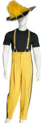 A PAIR OF YELLOW CREPE HIGH-WAISTED TROUSERS, SUSPENDERS, AND A HAT