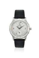 JAEGER-LECOULTRE. A PLATINUM AND DIAMOND-SET TRIPLE CALENDAR AUTOMATIC WRISTWATCH WITH POINTER DATE