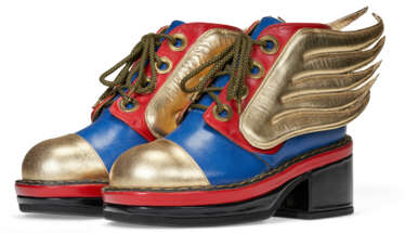 A PAIR OF RED, BLUE, AND GOLD LEATHER BOOTS