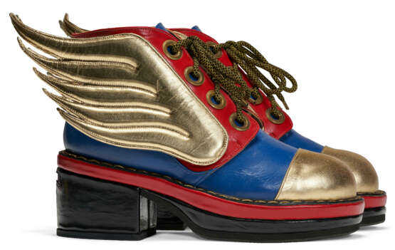 A PAIR OF RED, BLUE, AND GOLD LEATHER BOOTS - photo 2