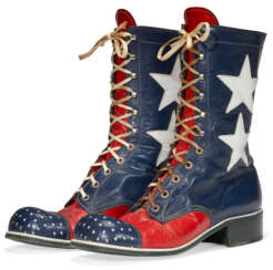 A PAIR OF RED AND BLUE LEATHER &#39;STARS AND STRIPES&#39; TALL LACE-UP BOOTS