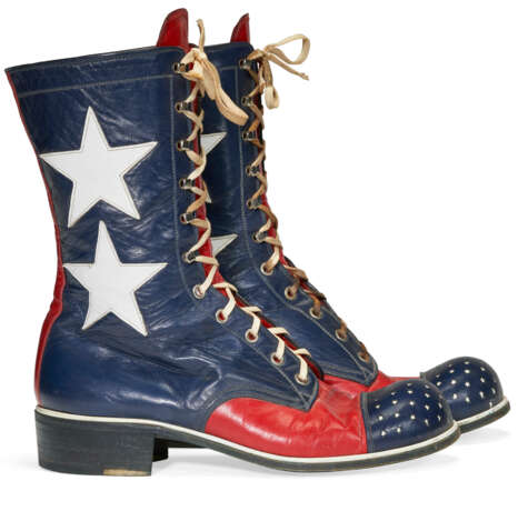 A PAIR OF RED AND BLUE LEATHER `STARS AND STRIPES` TALL LACE-UP BOOTS - photo 2