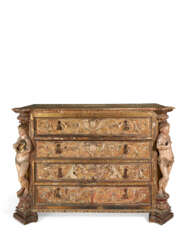 A SOUTH EUROPEAN POLYCHROME-PAINTED AND PARCEL-GILT COMMODE