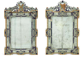 A PAIR OF ITALIAN BLUE-GLASS AND GILTWOOD MIRRORS