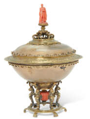 A GEORGE III SILVER-GILT CORAL AND CHALCEDONY &#39;HERCULES&#39; TAZZA