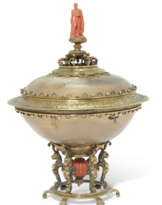 A GEORGE III SILVER-GILT CORAL AND CHALCEDONY 'HERCULES' TAZZA