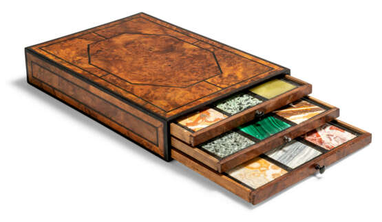 A REGENCY EBONY-INLAID OAK AND BURR-ELM TABLE CABINET CONTAINING SPECIMEN MARBLES AND HARDSTONES - photo 1