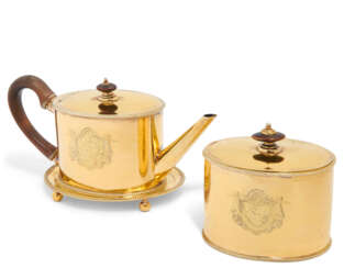 A GEORGE III SILVER-GILT TEAPOT, TEA POT STAND AND TEA-CADDY FROM BECKFORD&#39;S COMING-OF-AGE SERVICE