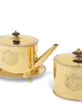 A GEORGE III SILVER-GILT TEAPOT, TEA POT STAND AND TEA-CADDY FROM BECKFORD'S COMING-OF-AGE SERVICE