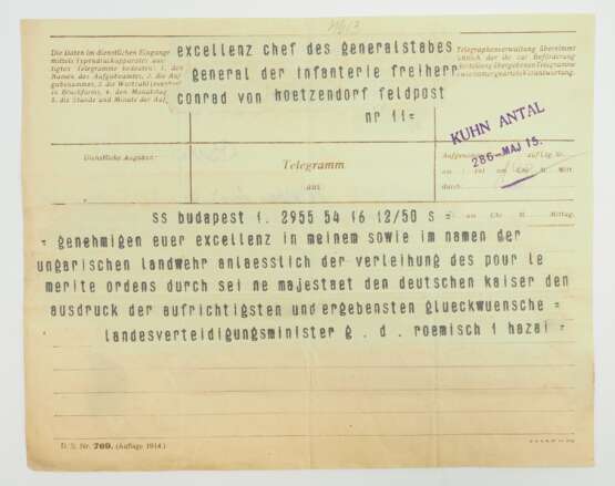 Österreich-Ungarn: K.u.K. Feldmarschall Graf Franz Conrad von Hötzendorf - Glückwunschtelegramm zur Verleihung des Orden Pour le Mèrite. - photo 1