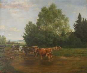 Kornbeck, Julius (1839 Winnenden - 1920 Oberensingen): Kühe im seichten Wasser stehend.
