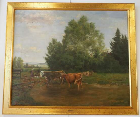 Kornbeck, Julius (1839 Winnenden - 1920 Oberensingen): Kühe im seichten Wasser stehend. - фото 2