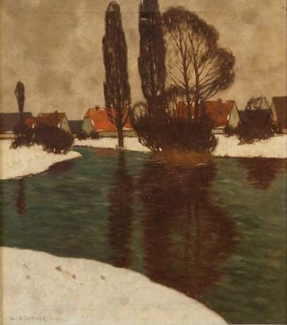 Prof. Küstner, Carl (1861 Guntersblum - 1934 München): Winteransicht eines Dorfes mit Flusslauf. - photo 1