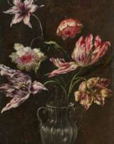 Mario Nuzzi. Stillleben mit Tulpen in einer Glasvase