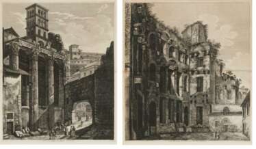 Luigi Rossini. Zwei Kupferstiche mit Ansichten aus Rom: Thermen des Diocletian sowie Marstempel