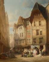 Léonard Saurfelt. Händler und Marktstände in den Straßen einer nordfranzösischen Stadt