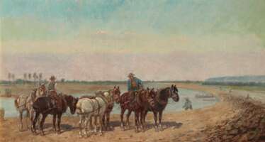 Ungarische Schule. Treidler mit ihren Pferden am Fluss