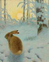 Alfred Weczerzick. Winterlich verschneiter Wald mit Hasen