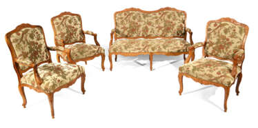 BENCH SEAT AND THREE ARMCHAIRS,. LOUIS XV-STYLE