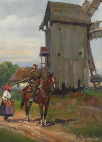 Jerzy Kossak, Soldat mit Bäuerin vor Mühle - фото 1