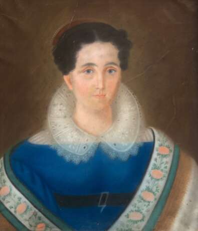 "Biedermeier-Damenporträt", Pastell, im oberen Bereich gerissen, fleckig, 58x50 cm, hinter Glas und Rahmen - фото 1