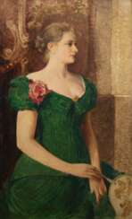 &quot;Halbporträt einer jungen Frau im grünen Kleid, Öl/ Holz, unsign., 97x59 cm, Rahmen