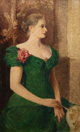 "Halbporträt einer jungen Frau im grünen Kleid, Öl/ Holz, unsign., 97x59 cm, Rahmen - photo 1