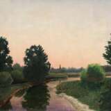 "Flußlandschaft in der Abendsonne", Öl/ Hartfaser, sign. "Schmidt", 50,5x70 cm, Rahmen - Foto 1